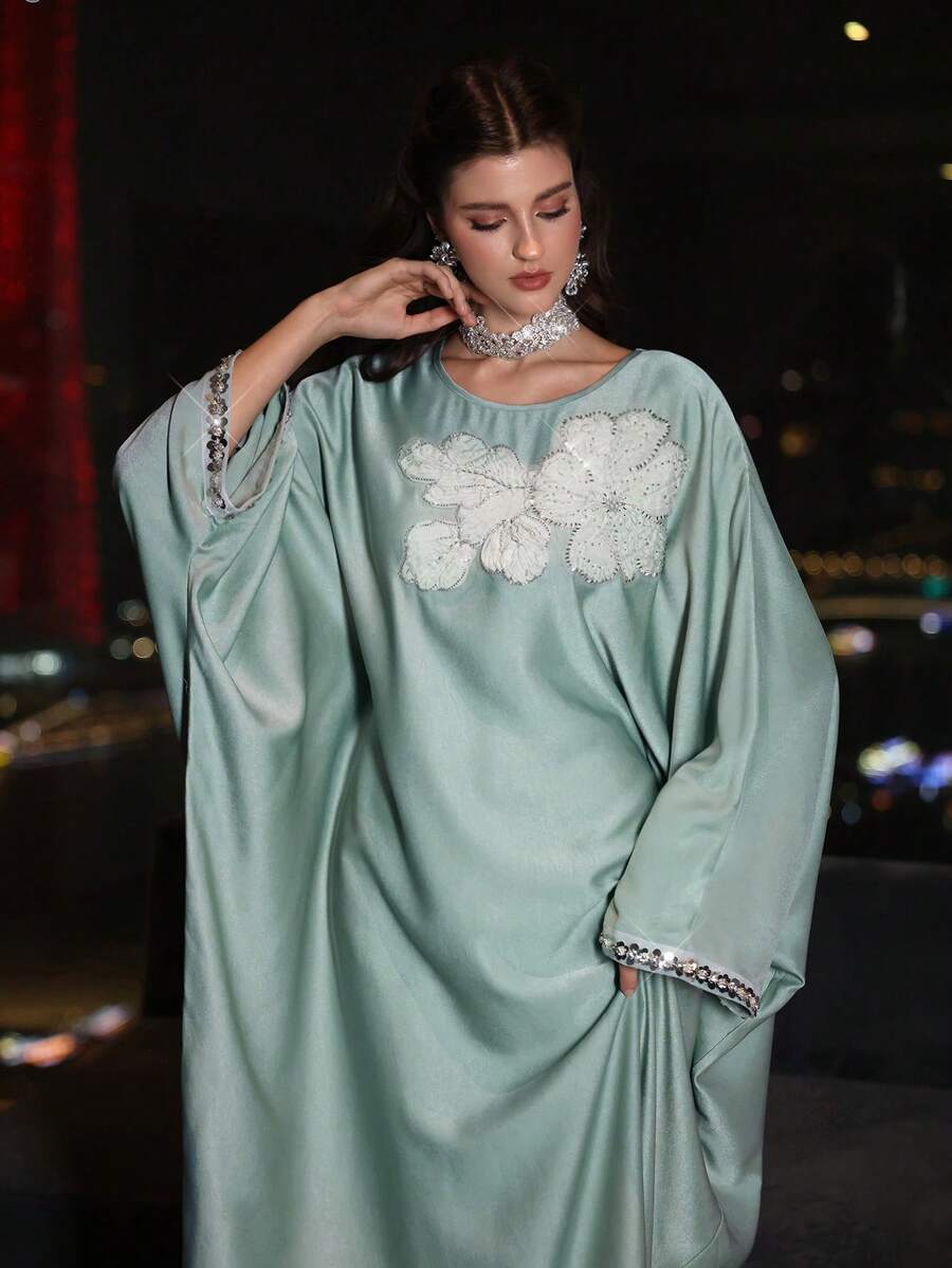 Al Najma 女士春夏绿色编织圆领长袖连衣裙，饰有3D水钻，优雅土耳其和阿拉伯传统束腰外衣 - 綠色 - 查看 1