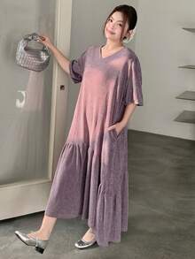 Dazy Plus Purple V-Neck Short Sleeve Loose Casual Long Dress, Spring/Summer - Purple - View 8