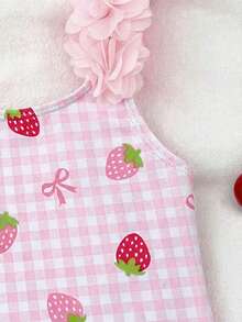 SHEIN Adorable Girls Strawberry Gingham Print Sleeveless Ruffle Square Neck Short One Piece Swimsuit Fitted Polyester For Beach Fun - Multicolor - View 4