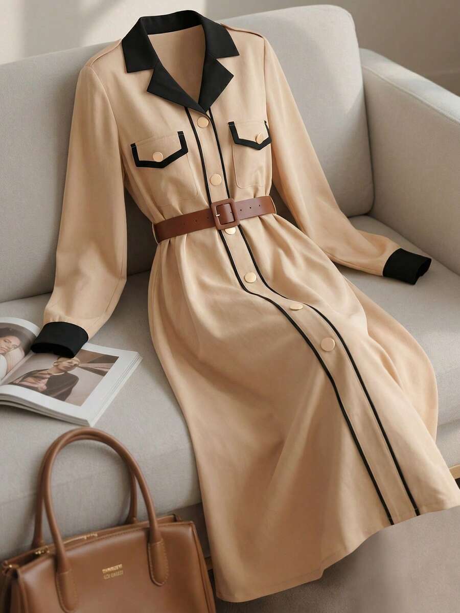 GlowEve Vestido elegante de oficina con bloqueo de color y botones delanteros - Caqui - Ver 1