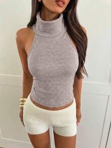 Aloruh Women's Early Summer Casual Top, Elegant High-Neck Retro Apricot-Grey Slim-Fit Sleeveless Pullover, Women's Holiday Outing Top, Women's Elegant Top, Casual Top, Women's Vacation Wear. Cropped Tank Top Gray Ribbed Top Grey Crop Top High Neck Top - Apricot - View 4
