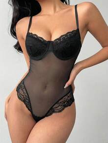 Aloruh Women's Sexy Sheer Mesh & Contrast Lace Sleeveless Bodysuit, Summer - Black - View 3