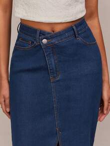 COSMINA Women's Asymmetric Slit Denim Pencil Skirt, Casual Elegant Office Commute Fashion High Waist Asymmetric Denim Skirt - Blue - View 1