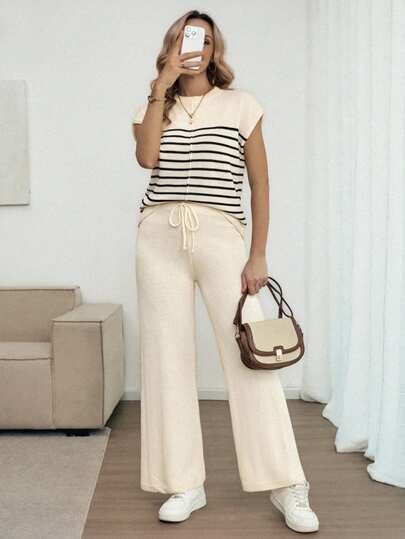 Louniche Women's Loose Casual Round Neck Contrast Color Stitching Design Short Sleeve Top And Wide Leg Sweater Two Pieces Set, Spring