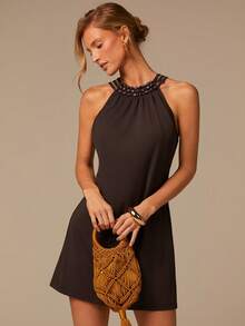 COSMINA Đầm ngắn không tay ôm sát, thanh lịch dành cho nữ, đính ngọc trai, đa năng cho đi làm, công sở, du lịch, phong cách boho, đi biển, đám cưới, hẹn hò, mùa xuân. - màu nâu - Xem 7