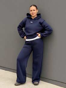 Kuleshova 女士秋冬新款保暖休闲宽松连帽衫和运动裤两件套，海军蓝 - 藏蓝色 - 查看 1