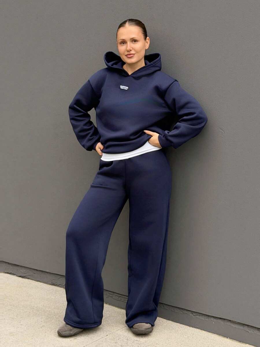 Kuleshova 女士秋冬新款保暖休闲宽松连帽衫和运动裤两件套，海军蓝 - 藏蓝色 - 查看 1
