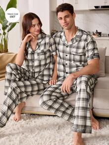 CoupledUp Plaid Print Men's Short Sleeve Pajama Set With Collar - Multicolor - View 1