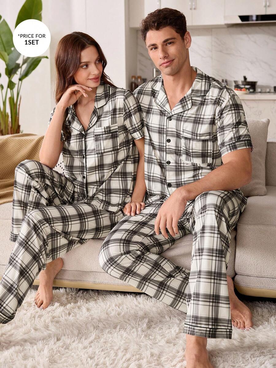 CoupledUp Plaid Print Men's Short Sleeve Pajama Set With Collar - Multicolor - View 1