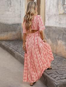 Brillora 女士V领露背波西米亚风几何印花休闲度假连衣裙，春夏款 - 彩色 - 查看 4