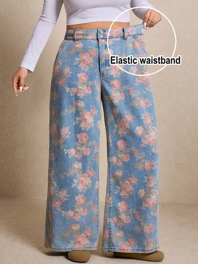 Elaquor Plus Size Blue High-Waisted Wide Leg Jeans, Spring Floral Print, Comfortable Elastic Waistband With Pockets, Spring Women