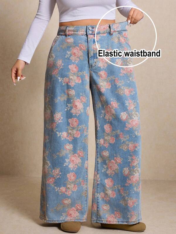 Elaquor Plus Size Blue High-Waisted Wide Leg Jeans, Spring Floral Print, Comfortable Elastic Waistband With Pockets, Spring Women