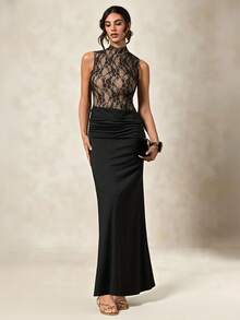 Briarwyn 女士蕾丝领褶裥优雅无袖连衣裙 - 黑色 - 查看 3