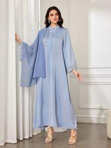 Al Najma Damen eleganter Satin-Abaya mit Spitzendekor und Blumenkopftuch, geeignet für den täglichen Gebrauch - Blau - Übersicht 4