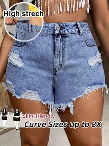 SHEIN CURVE+ Women's Plus Size Blue Denim Shorts Comfortable Elastic Waist Ripped Shorts Casual Western Cowboy , Curve Plus , Boho Vacation - Dark Wash - View 7