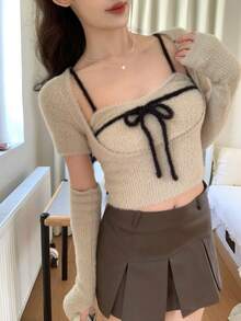 FRIFUL Women's Apricot Solid Color Inner Pocket Sleeveless Jacket, Long Sleeve Contrast Color Drawstring Bow Knit Sweater 2-Piece Set, Autumn - Beige - View 7