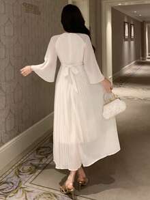 DAZY Women's V-Neck Ruched Waist Midi Dress, Elegant Sundress - Beige - View 6