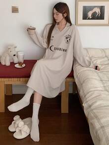 DAZY Printed Letter V-Neck Raglan Long Sleeve Loose Women's Nightgown, Women's Loungewear Dress - Apricot - View 5