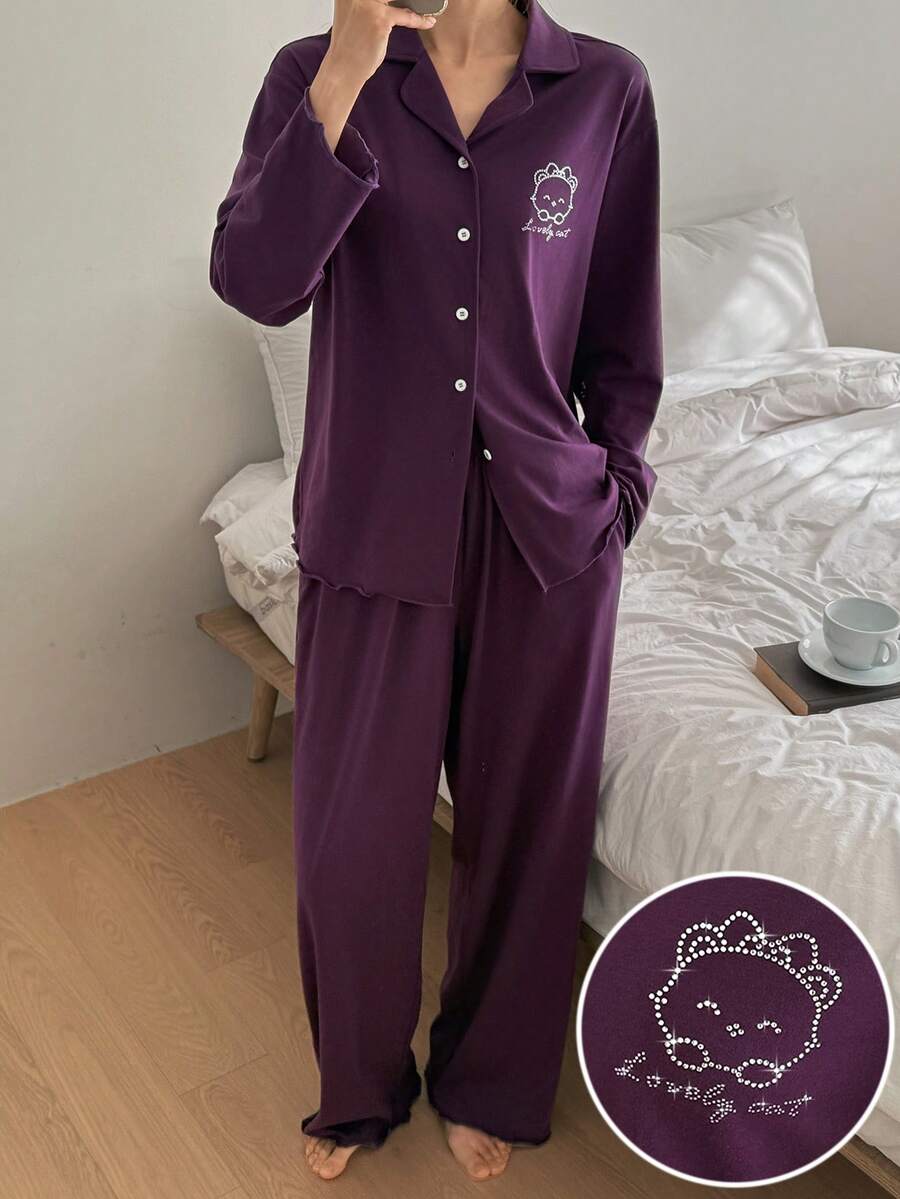 DAZY 2pcs Women Bear Graphic Loose Cardigan Long Sleeve & Pants Pajama Set, Autumn - Purple - View 1