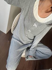 DAZY 女士蝴蝶结装饰针织睡衣套装 - 灰色 - 查看 6