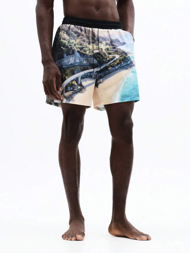 Swim Trunks With Coastal Highway Print