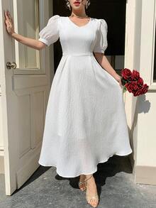 DAZY Women's Elegant Solid Color Textured Puff Sleeve Midi Dress, Summer Wedding Guest Dress Sundress - White - View 4