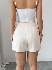 SHEIN Elenzya Light Khaki High Waist A-Line Shorts With Metal Buckle Decor, Slimming Effect - Khaki - View 2