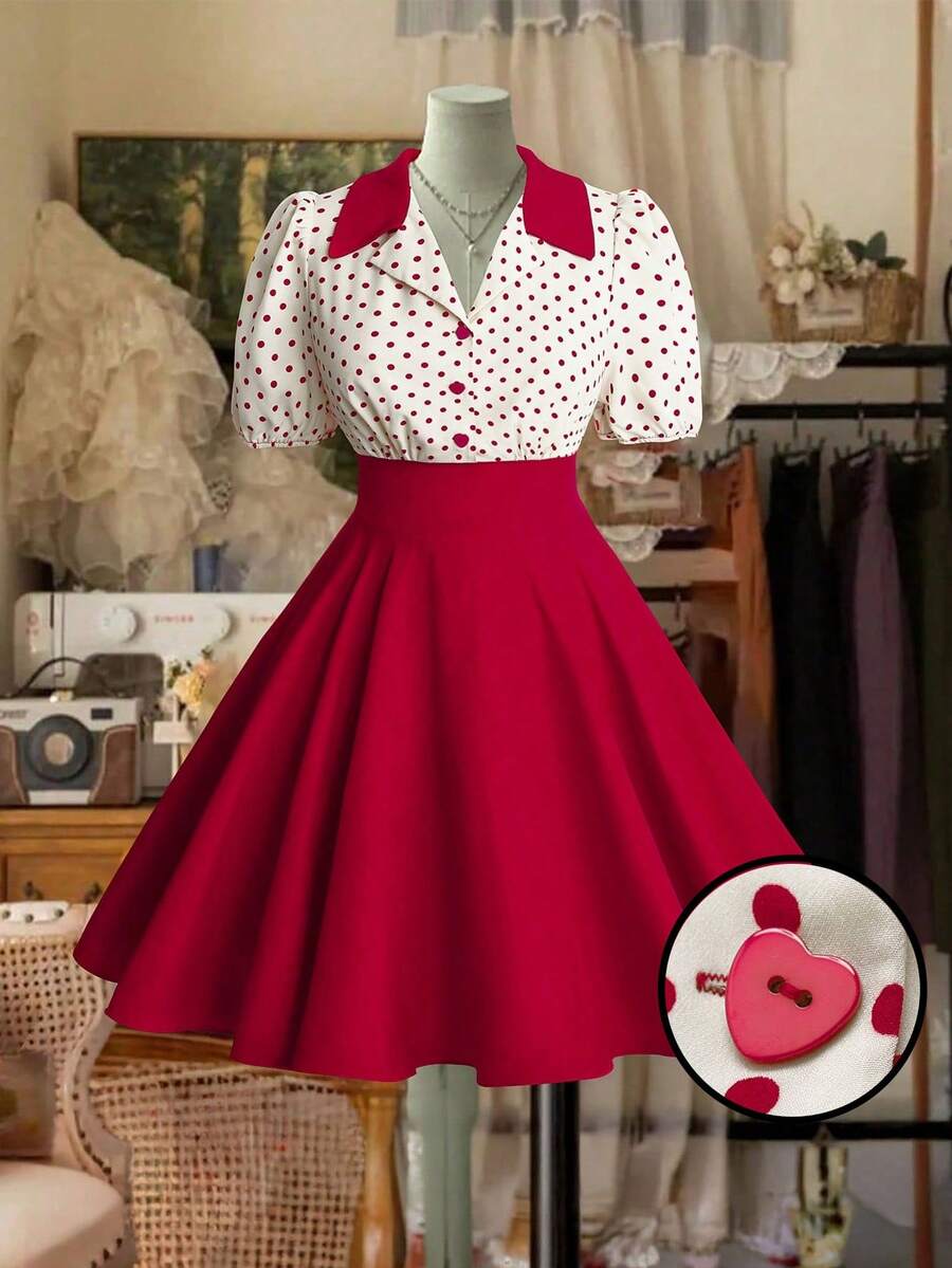 Sweetra Plus Size Polka Dot Patchwork Solid Color Mini Dress, Spring/Summer - Red - View 1