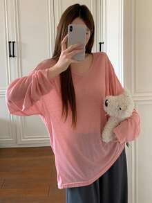 DAZY Solid Color Lightweight Semi-Sheer Cover Up Top & Long Pajama Pants Women Sleepwear Set - Pink - View 5