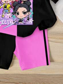 2pcs Young Girls Casual Fashion K-POP Cartoon Girl Pattern Fuchsia And Black Contrast Color Short Sleeve Round Neck T-Shirt And Matching Shorts Set, Comfortable T-Shirt Outfit For Young Girls Daily And Holiday Wear - Multicolor - View 4