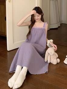 DAZY 条纹纹理雪纺面料荷叶边无袖宽肩带中长连衣裙，女士家居服 - 紫色 - 查看 7