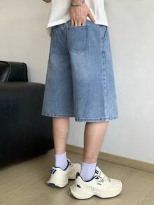 青少年男孩时尚返校节街头服饰混搭百搭设计复古酷炫街头宽松舒适简约抽绳松紧腰设计蓝色牛仔短裤日常穿着及春夏锐舞节和街头服饰 - 藍色 - 查看 2