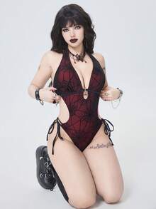 ROMWE 2026 Latest Spider Web Mesh Covered Crimson Fabric Chest Spider Pendant Accessory Necklace Design, Sexy Gothic Style Women One-Piece Swimsuit For Summer Beach, Pool Party Goth Swimsuit Gothic Swimwear Spiderweb Swimsuit Dark Aesthetic Swimwear Halter Swimsuit Red Swimsuit - Burgundy - View 6