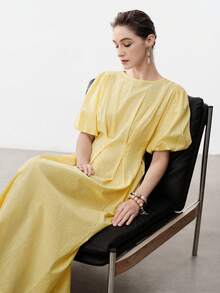 Aalyst Women's Elegant Minimalist Romantic Vacation Linen A-Line Ruffle Design Long Sleeve Midi Dress, Light Yellow, Suitable For Spring/Summer, Occasions Like New Year, Valentine's Day, Easter, Mother's Day, Middle Eastern Weddings - Light Yellow - View 5