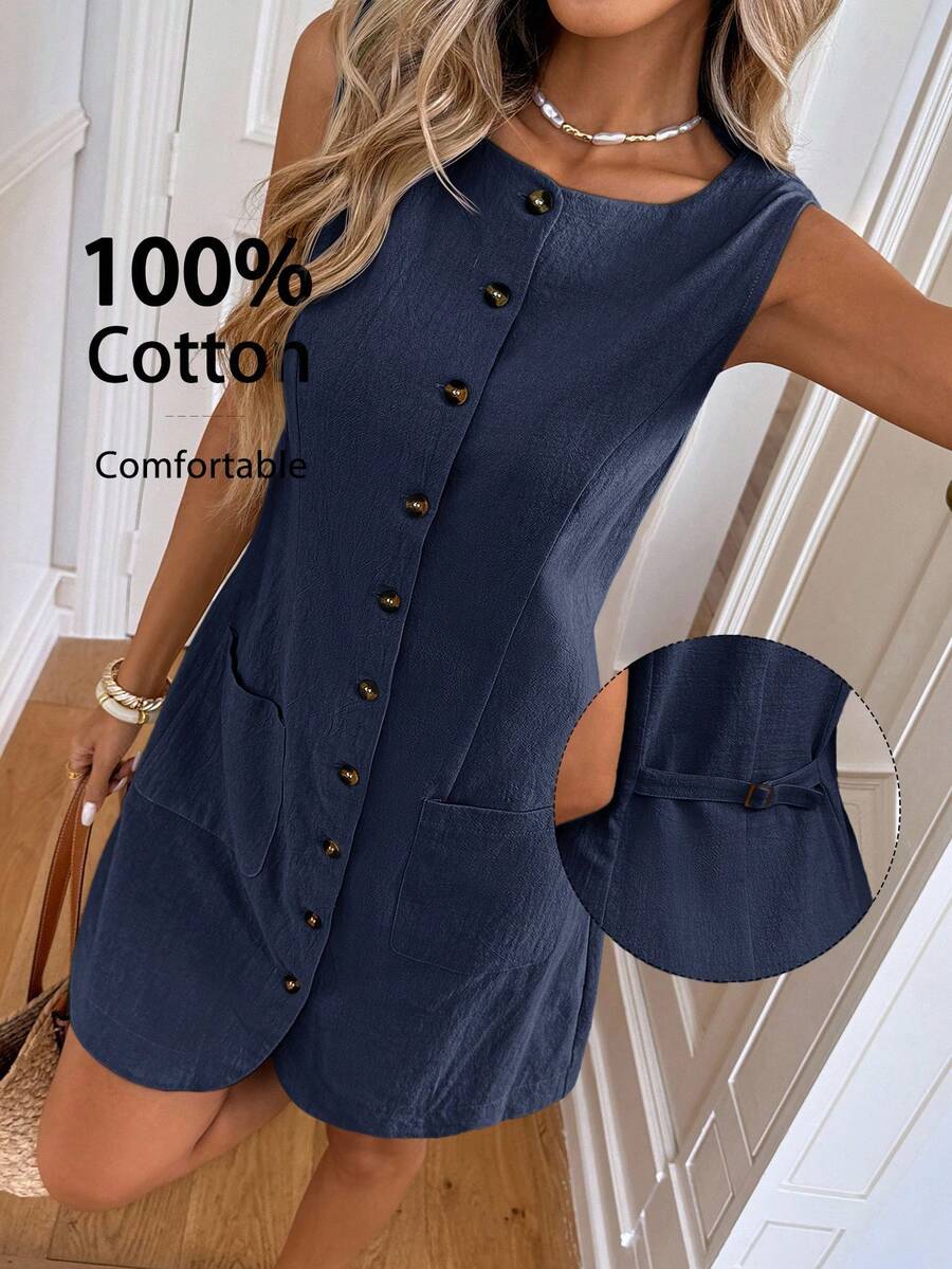 Easowa 女士休闲纽扣口袋迷你连衣裙 - 藍色 - 查看 1