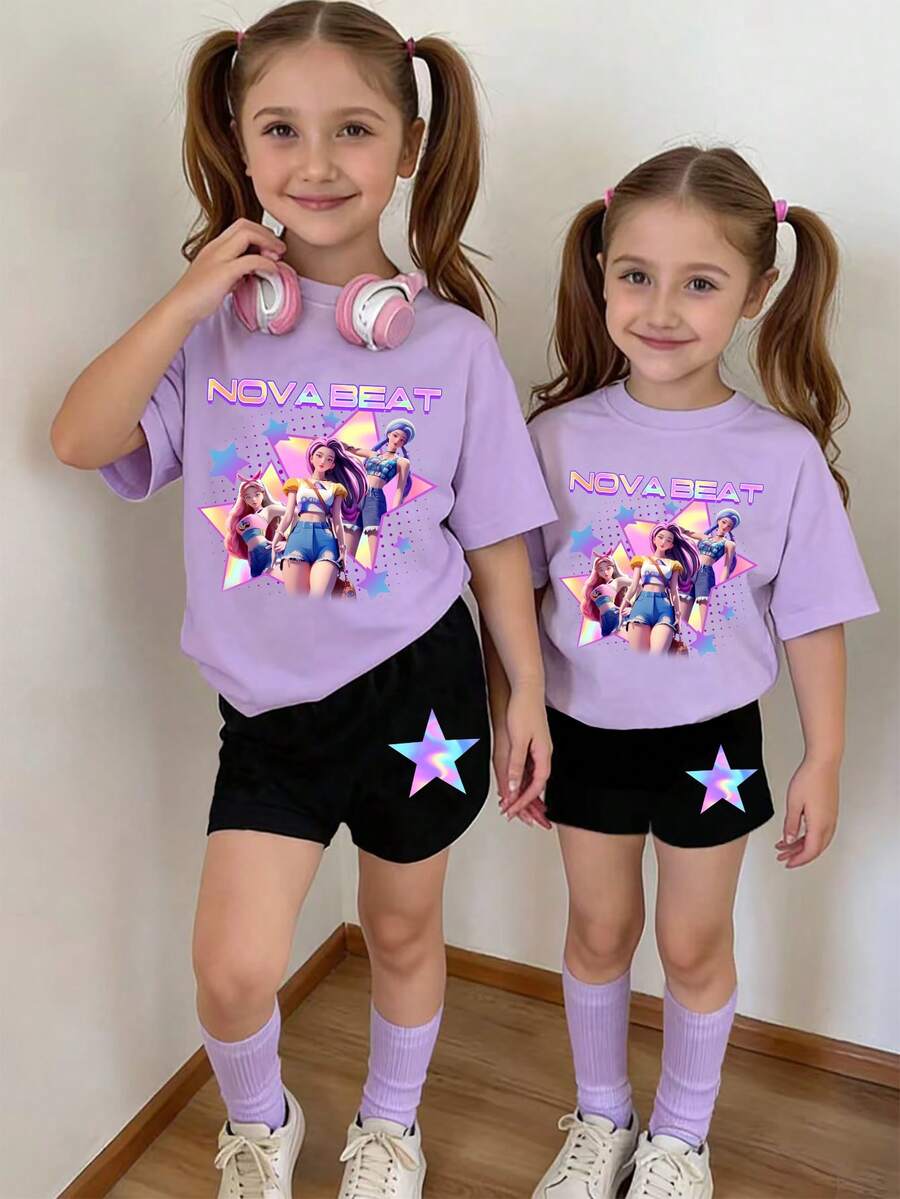 两件套少女时尚彩色星星和 NOVA BEAT 字母印花圆领短袖T恤上衣搭配黑色星星印花短裤，适合夏季外出穿着 - 彩色 - 查看 1
