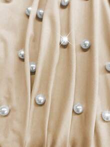 Elenzga Plus Size Women's Elegant & Chic Party Sexy Short Sleeve V-Neck Pearl Decor Waist Fitted Stretchy Knit Top, Spring/Summer - Apricot - View 7