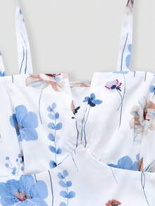 Franclia 大码女式无袖印花长连衣裙，后背系带蝴蝶结，蓝白花朵图案，A字裙摆，收腰设计 - 彩色 - 查看 5