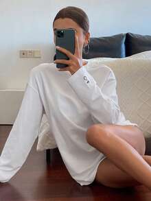 DAZY Women's Loose Fit Round Neck Long Sleeve Casual Sports T-Shirt With Graphic & Letter Embroidery, Spring/Autumn - White - View 6