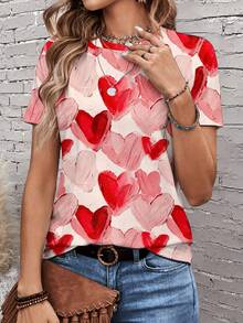 SHEIN LUNE 休闲简约彩色爱心印花情侣圆领宽松女式T恤 - 彩色 - 查看 3