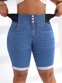 SHEIN SXY Quần short denim dáng ôm, cạp chun tương phản, cỡ lớn, phong cách thường ngày, mùa hè. - Rửa trung bình - Xem 1