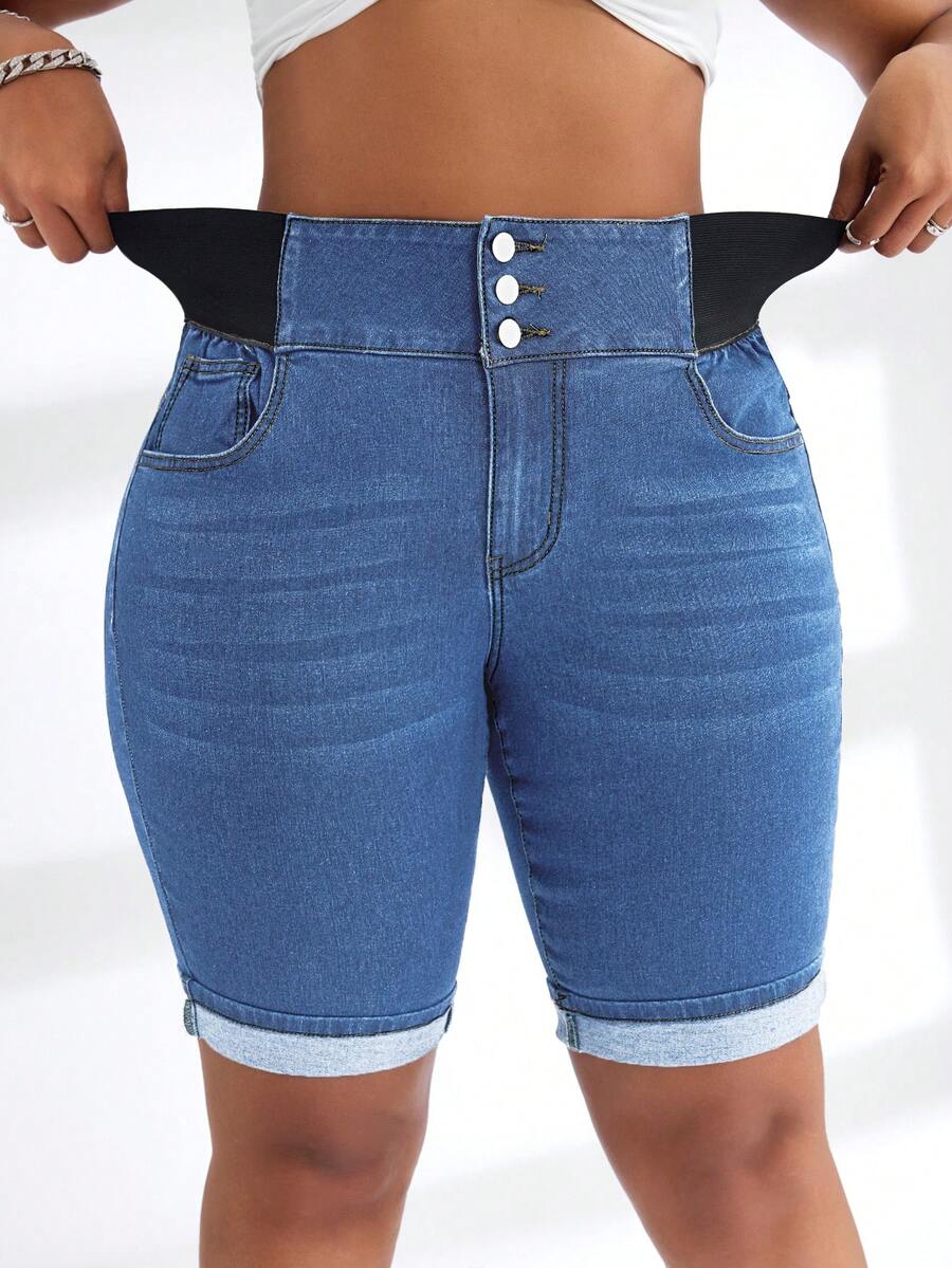 SHEIN SXY Quần short denim dáng ôm, cạp chun tương phản, cỡ lớn, phong cách thường ngày, mùa hè. - Rửa trung bình - Xem 1
