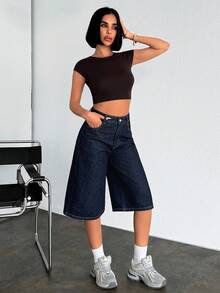 EURMUSE Raw Washed, High Rise, Baggy V Shape Denim Short Jeans Y2k - Dark Wash - View 3