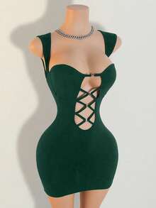 Mistrie Fashionable Sexy Solid Color Hollow Out Bodycon Mini Dress - Green - View 4