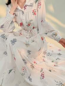 DAZY Đầm midi nữ thanh lịch tay phồng họa tiết hoa, có thắt lưng, thích hợp cho dự tiệc cưới mùa xuân/hè. - Màu be - Xem 8