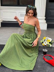 Selianne 橄榄绿抹胸A字长裙 - 女士春夏新款，适合休闲、度假、日常办公、聚会和街头穿搭 - 綠色 - 查看 6