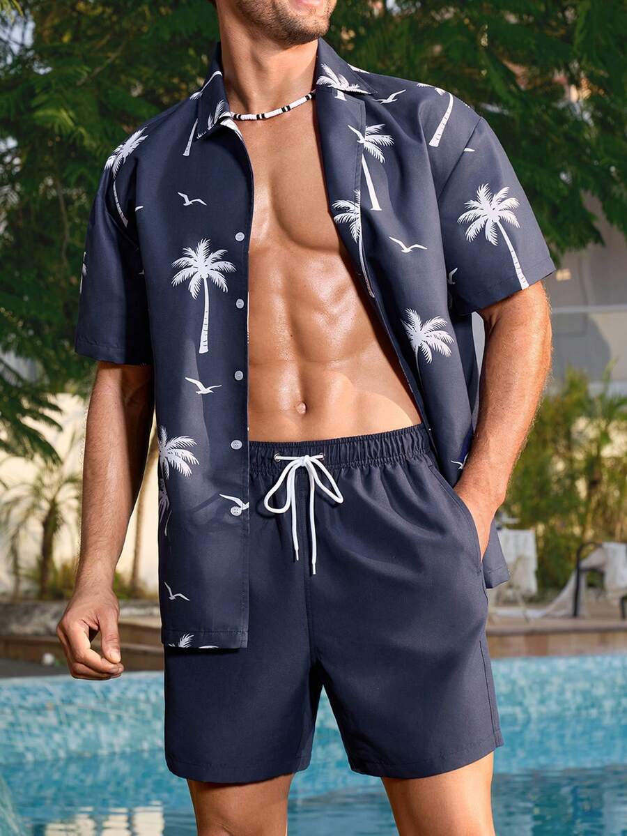 Manfinity Swimmode Men's Short Sleeve Drop Shoulder Front Button Casual Summer Loose Beach Outfit - Navy Blue - View 1