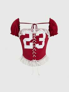 ROMWE Avant Sports Style Numeric Print Lace-Up Reversible Fitted Women Tank Top - Red - View 1