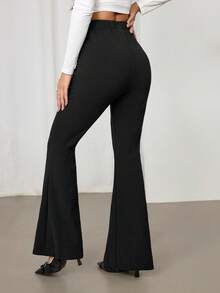 SHEIN PETITE Women's Burgundy High Waisted Flared Maxi Pants, Autumn/Winter New Arrival Black Pants - Black - View 2