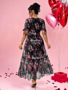 Elenzga Vestido feminino plus size elegante e romântico com laço de rosa nos punhos e barra em tule patchwork, perfeito para um encontro romântico no Dia dos Namorados. - Multicolorido - Ver 2